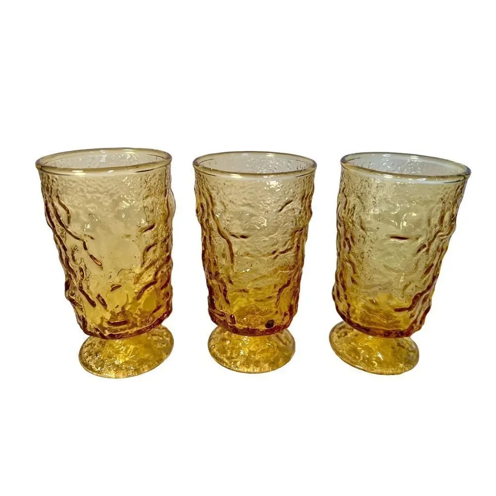 Anchor Hocking Vintage Lido Milan Amber Honey Crinkle Glasses 3 Juice, 1 Tumbler
